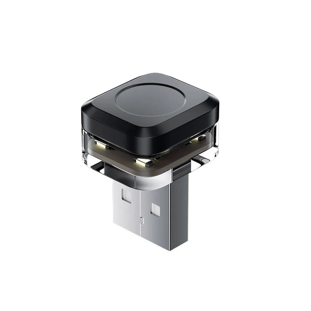 A black universal car USB ambient LED light fixture with a silver base and illuminated surface.