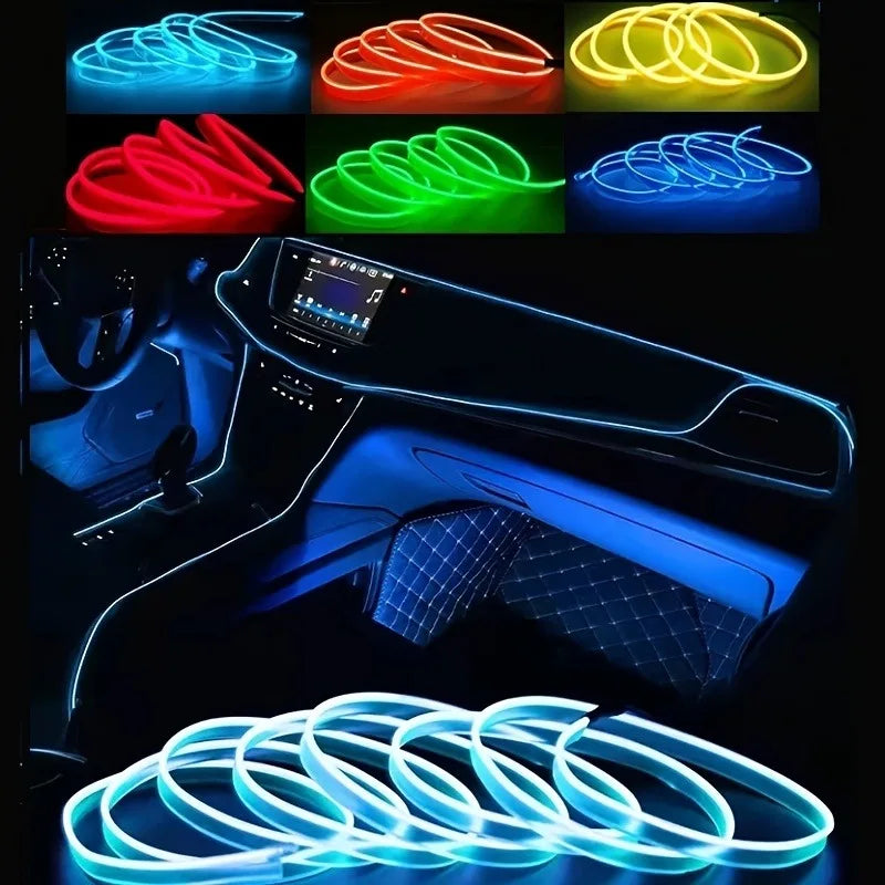 Flexible blue LED wire coiled in the car interior, illuminating the dashboard and door panel.