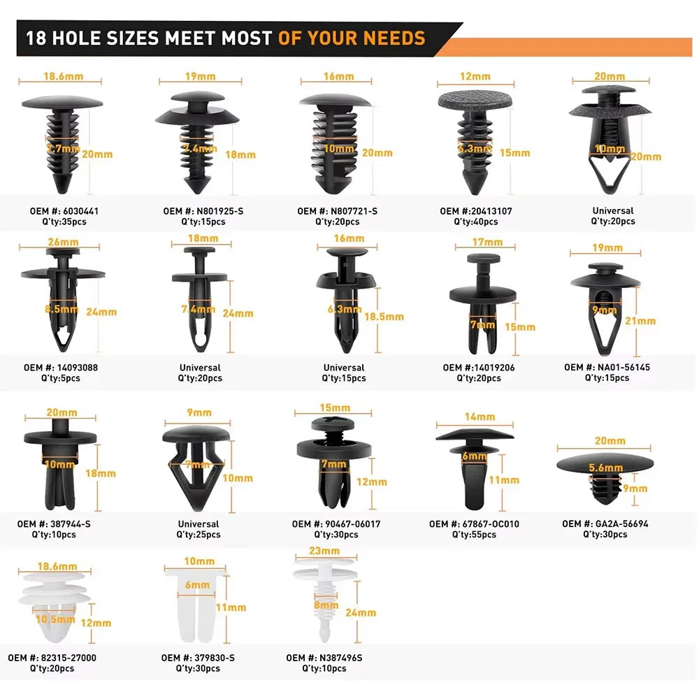 A collection of various 18 hole size fasteners and clips for body repair, shown in different sizes and materials.