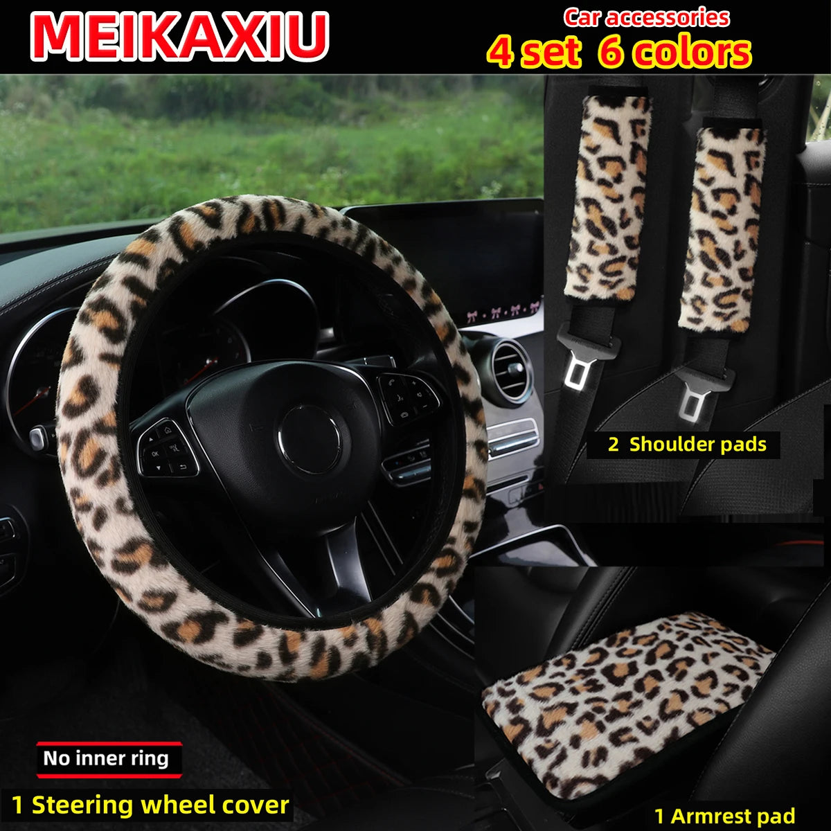 A set of four leopard print car accessories including a steering wheel cover and two shoulder pads