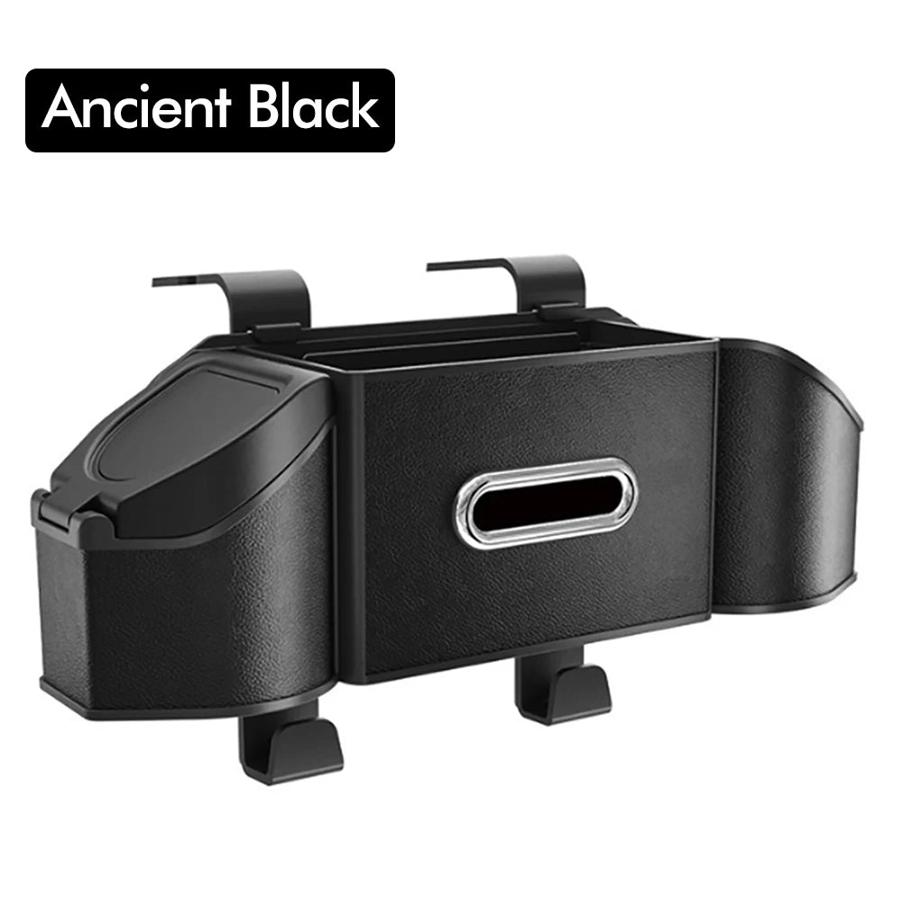 Organisateur et solution de rangement multifonctionnel pour siège de voiture ancien noir à finition texturée.