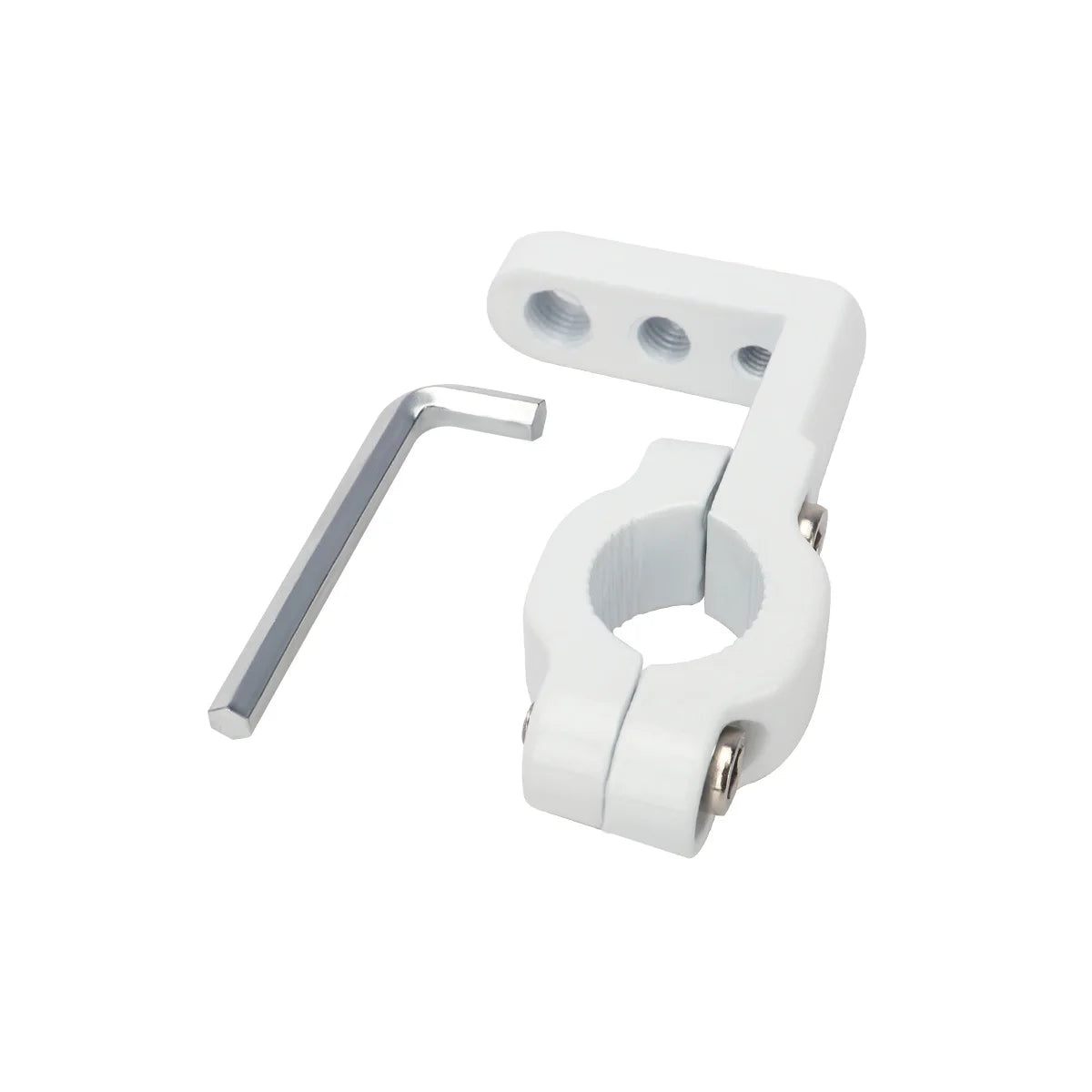 White dual motorcycle signal light mount brackets with a metal arm and mounting holes