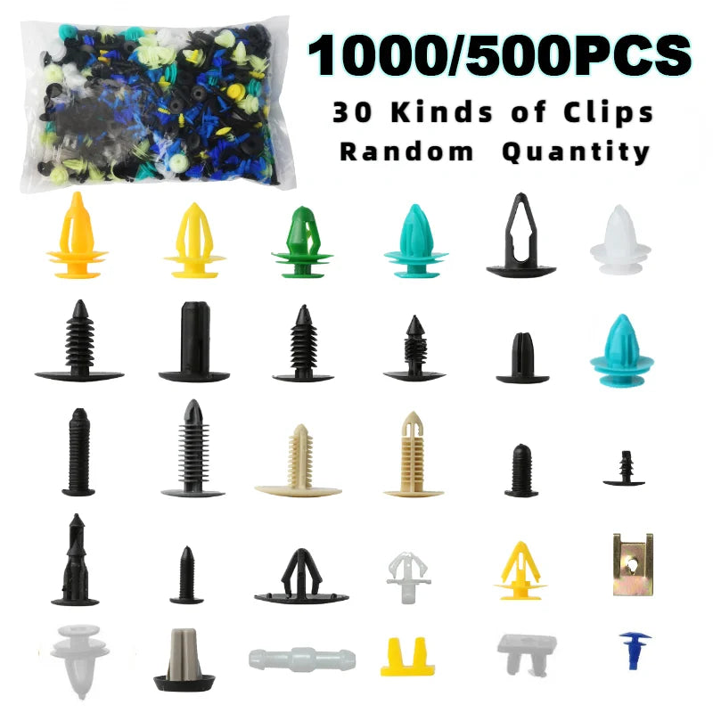 A collection of 30 kinds of metal clips and rivets in various colors and shapes for universal vehicle fasteners.