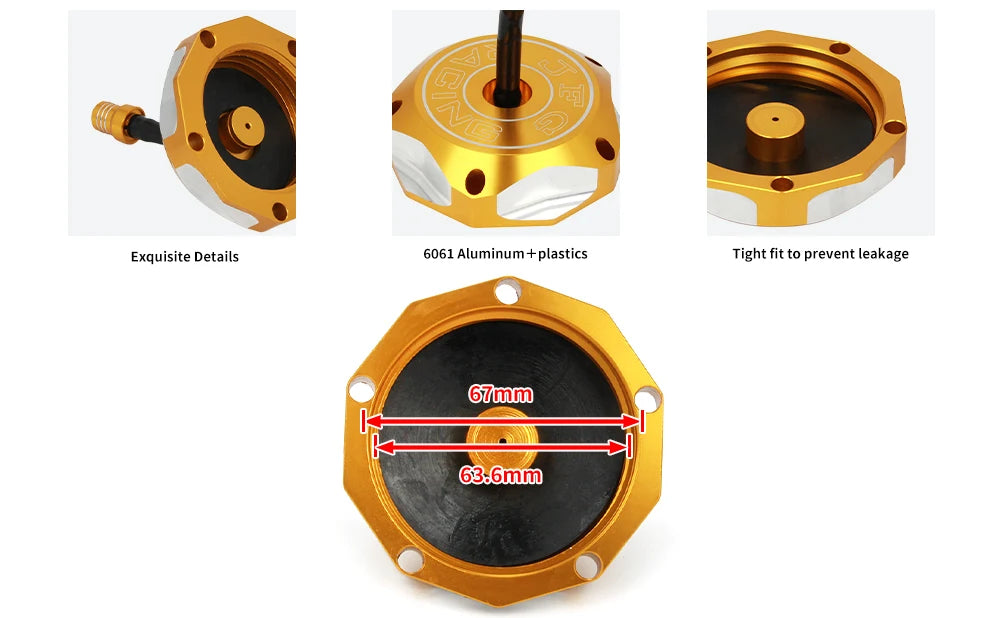 CNC machined fuel tank cap showing various views and dimensions of a brass and plastic component.