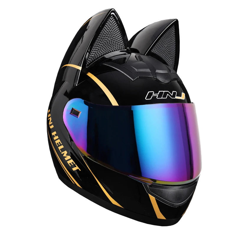 A glossy black cat-ear full face motorcycle helmet with a reflective blue and purple visor.