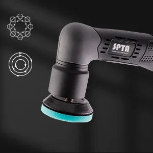 A black cordless mini car detail polisher tool with a blue cleaning pad and circular diagrams.