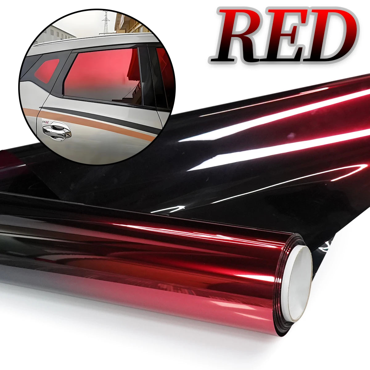 A roll of red color changing solar window tint film for car windshields is shown next to a close-up of a tinted vehicle windo