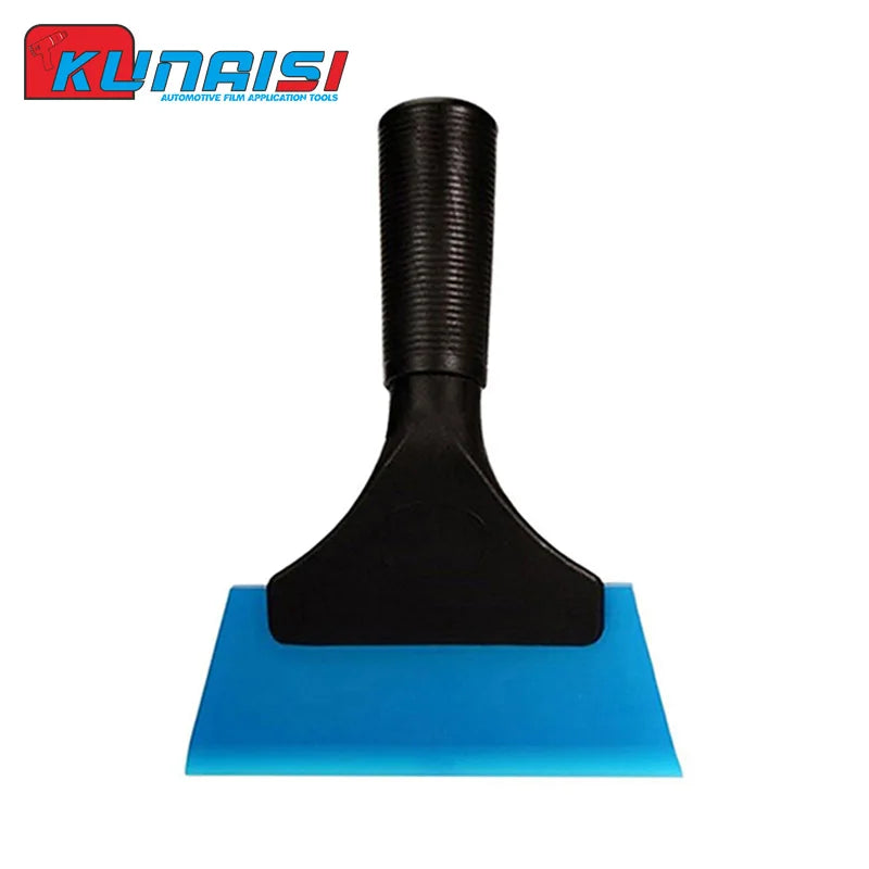 Black silicone scraper tool with a handle and a blue base for removing glass and film