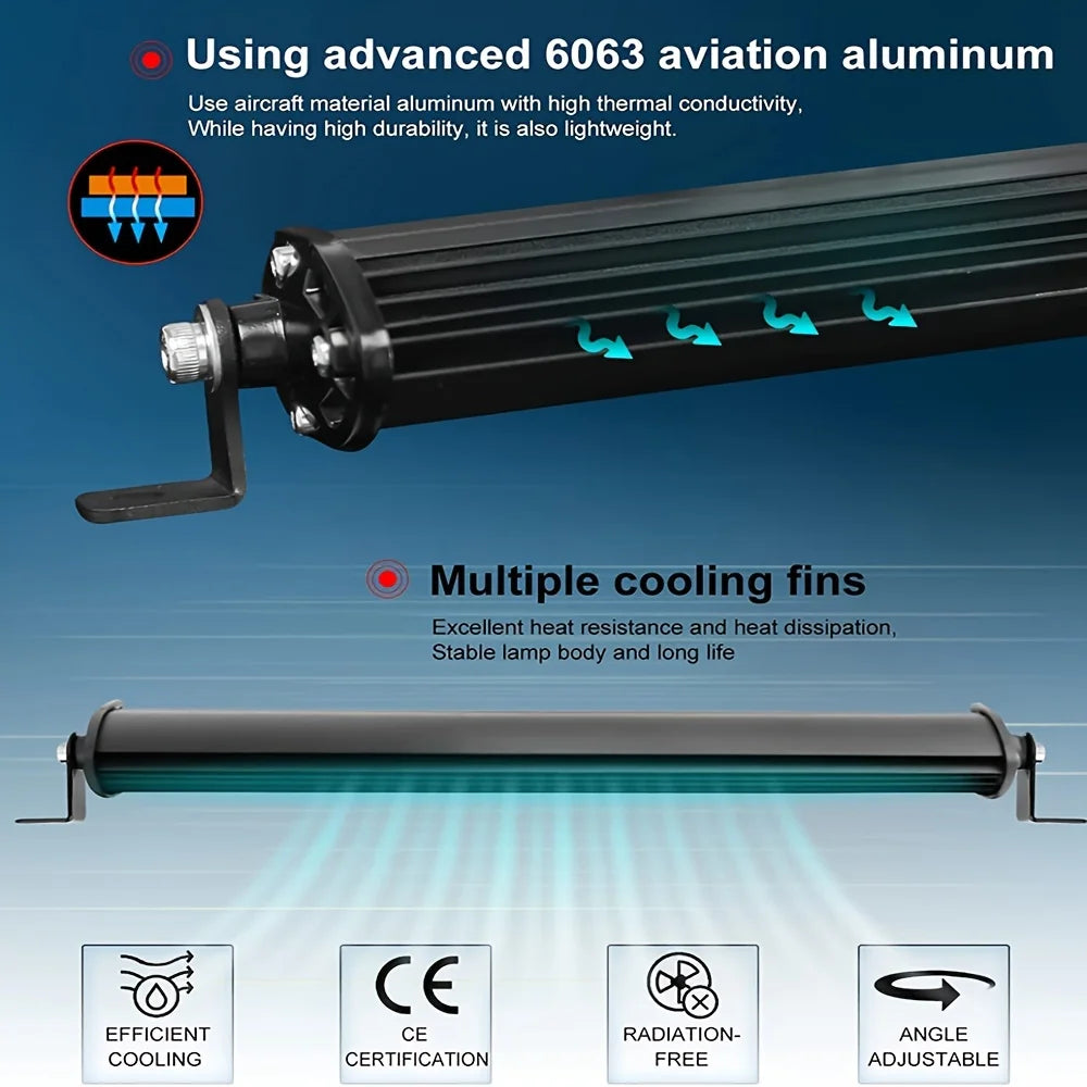 A black LED light bar featuring advanced 6063 aviation aluminum and multiple cooling fins for heat dissipation.