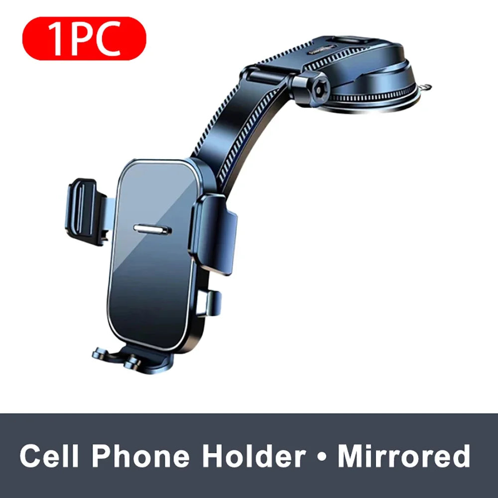 A black cell phone holder with a mirrored surface and an extension rod for mounting on a car.