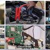 A collage showing various electrical components including lamps, automotive wiring, circuit boards, and DIY projects.