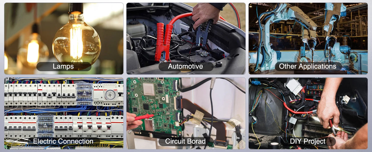 A collage showing various electrical components including lamps, automotive wiring, circuit boards, and DIY projects.