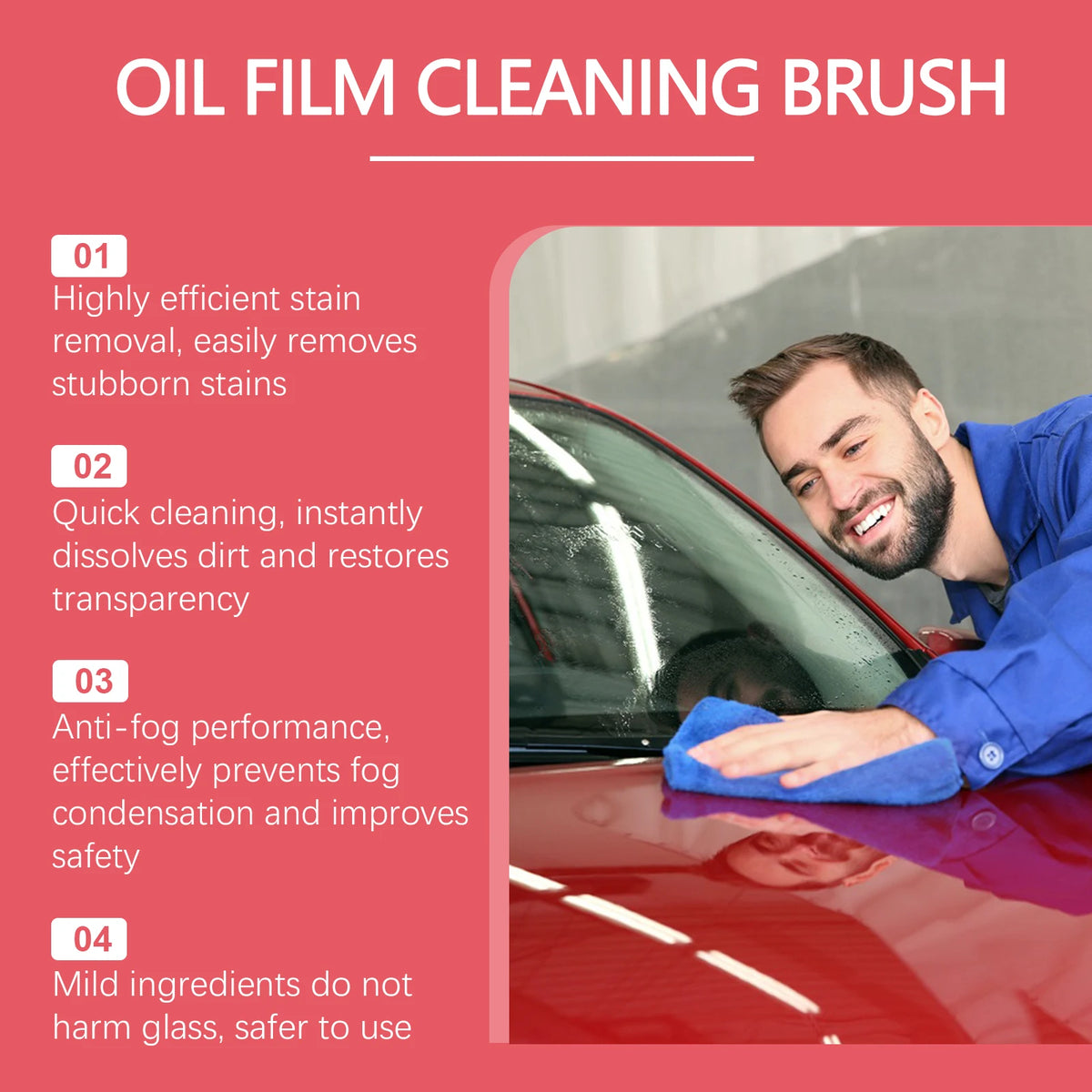 A man is using an oil film cleaning brush on a car's glass, demonstrating its use for stain removal and anti-fog performance.