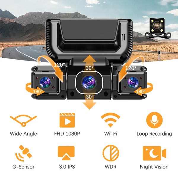 A 4-camera 360 degree car DVR dash cam system showing various camera angles and features like WiFi and night vision.