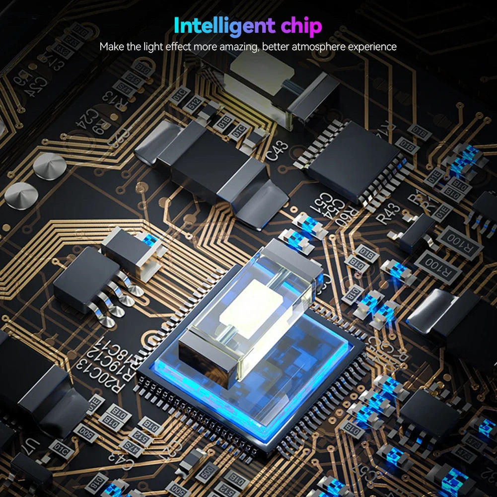 A close-up view of an intelligent chip circuit board with various electronic components and a light fixture.