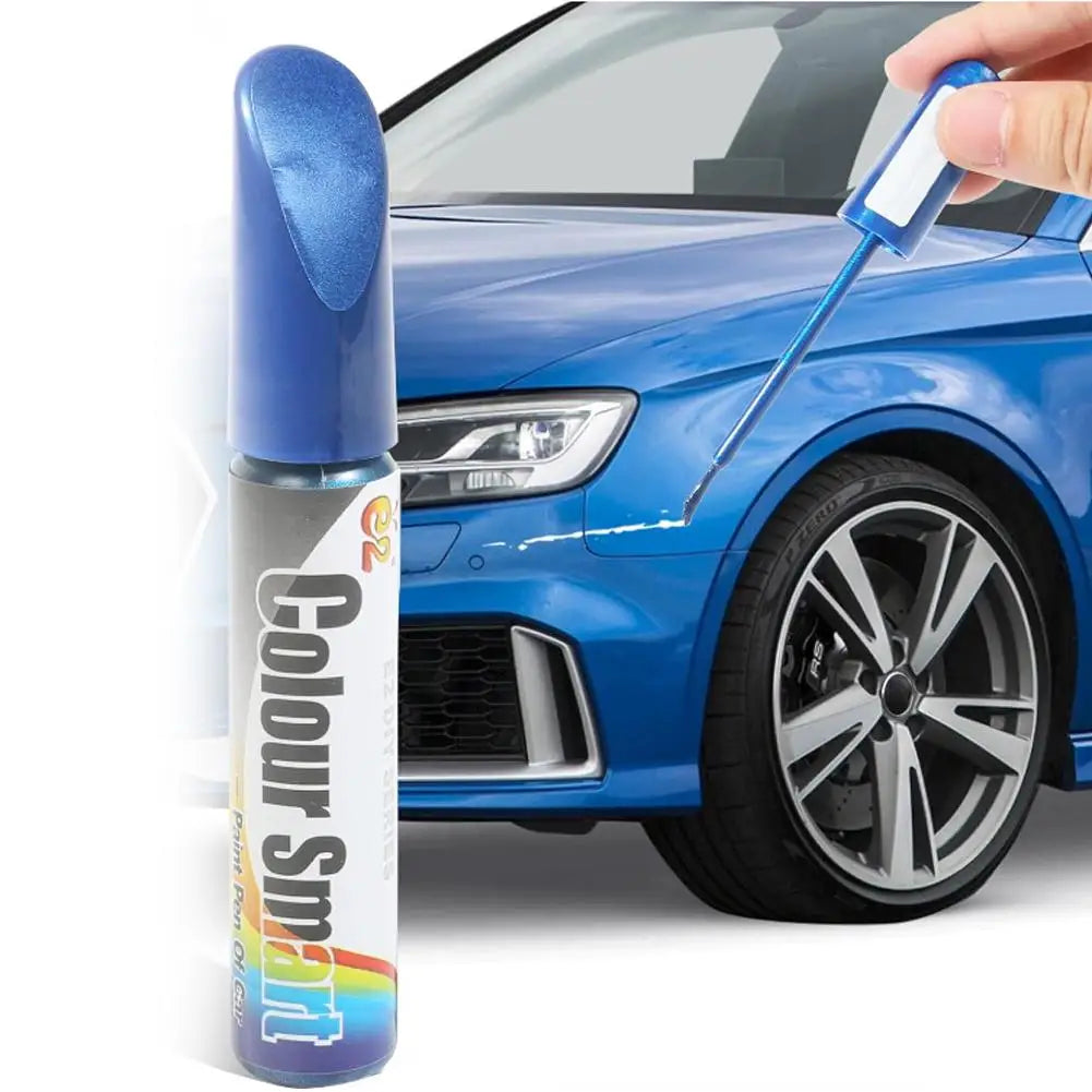A blue pen used to repair car scratches on a blue car's bodywork.