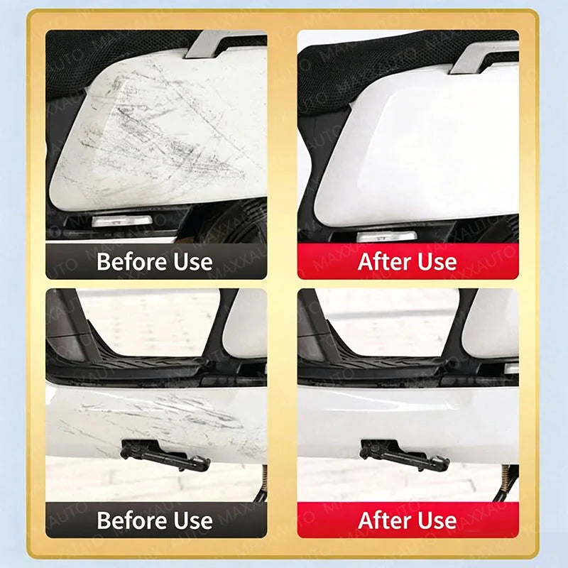Before and after comparison of a professional car scratch remover kit on a white surface.