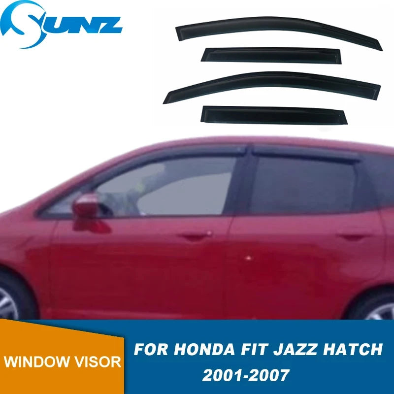 Black window visors for a Honda Fit or Jazz hatchback car.