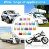 Assortment kit of various car fuses shown with a white pickup truck, a white van, and a motorcycle.