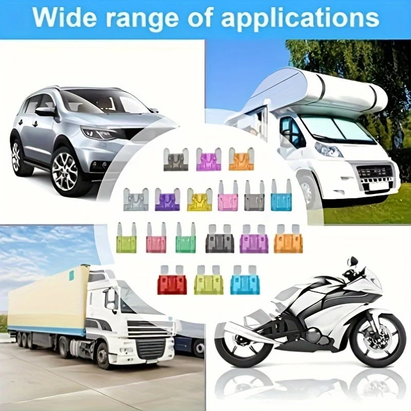 Assortment kit of various car fuses shown with a white pickup truck, a white van, and a motorcycle.