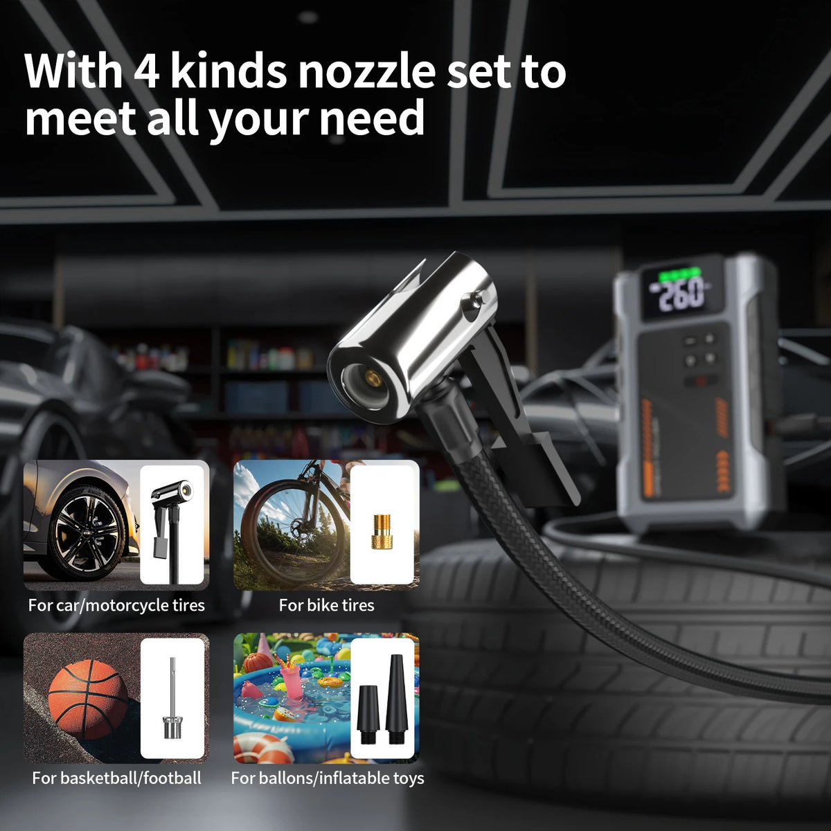 A silver portable jump starter and tire inflator with four nozzles shown next to a tire.