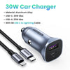 A silver UGREEN 30W car charger with USB-C and USB-A ports and a lightning cable.