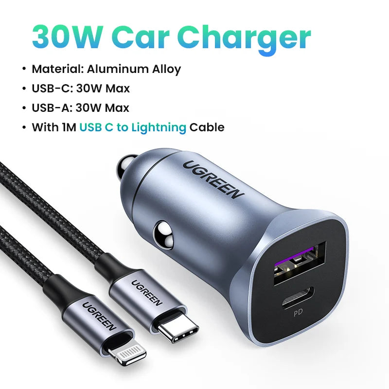 A silver UGREEN 30W car charger with USB-C and USB-A ports and a lightning cable.