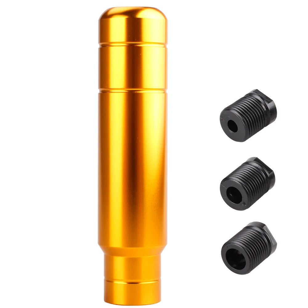 A shiny gold JDM style aluminum gear shift knob with a threaded base and various sizes shown.