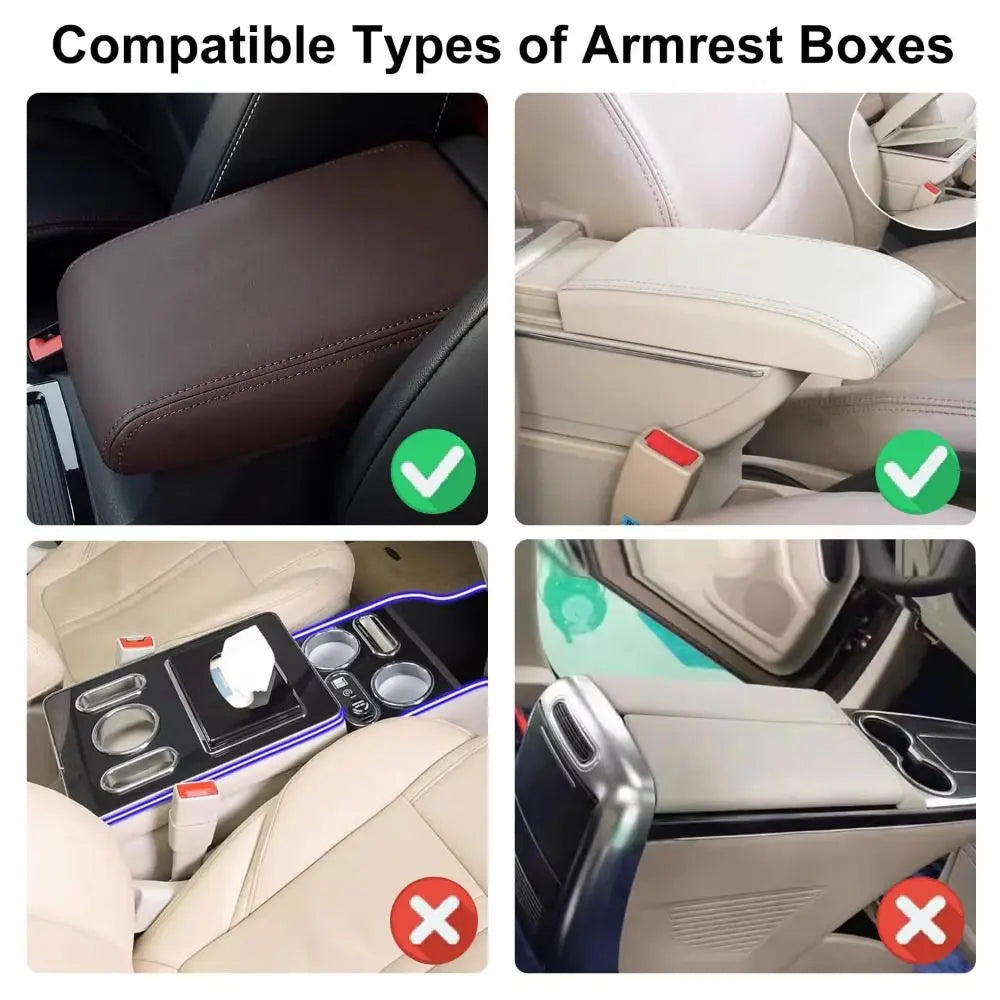 Various types of armrest boxes compatible with car interiors shown in different colors and materials.