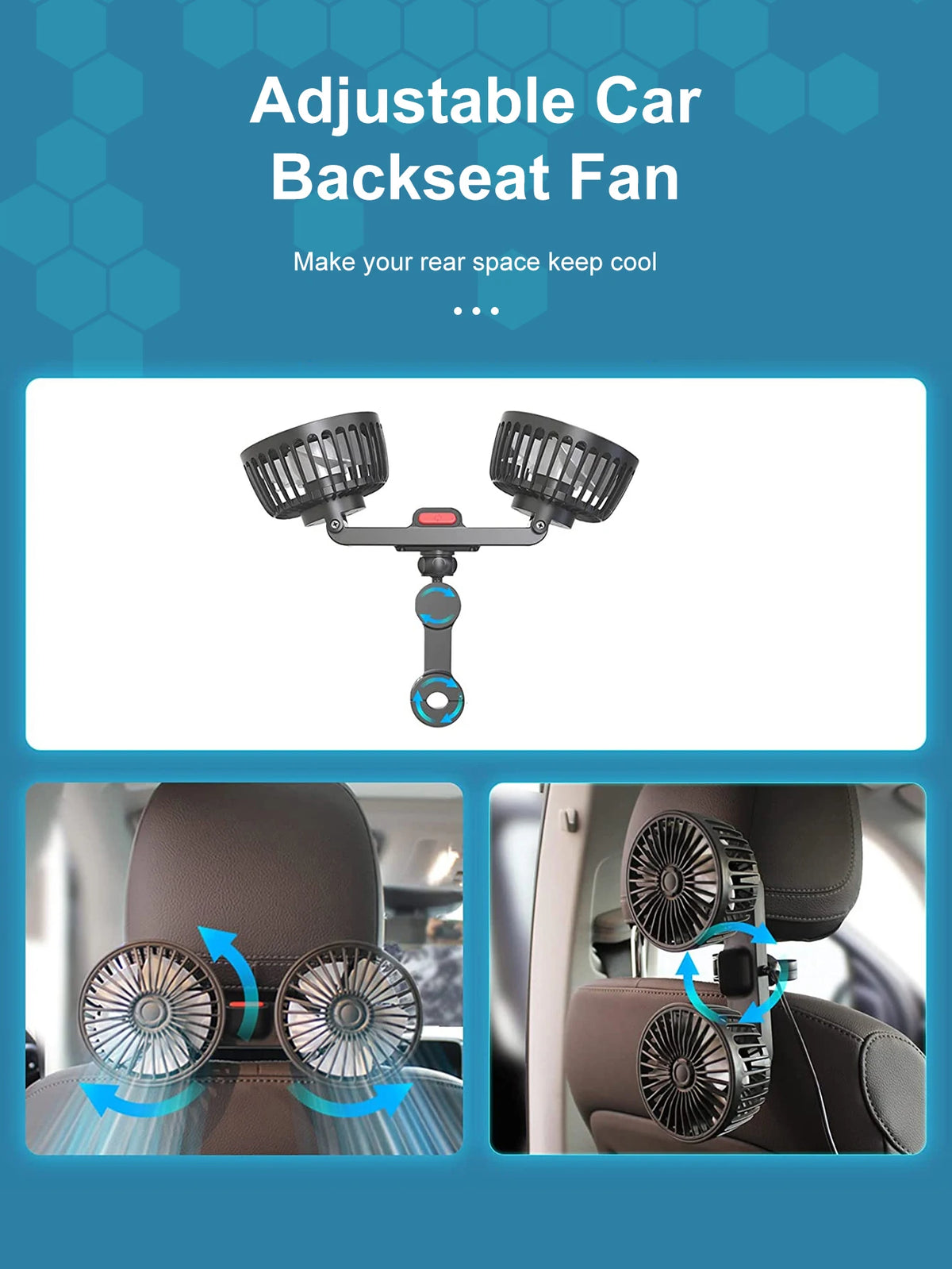Adjustable car backseat fan with multiple blades shown in installation context.