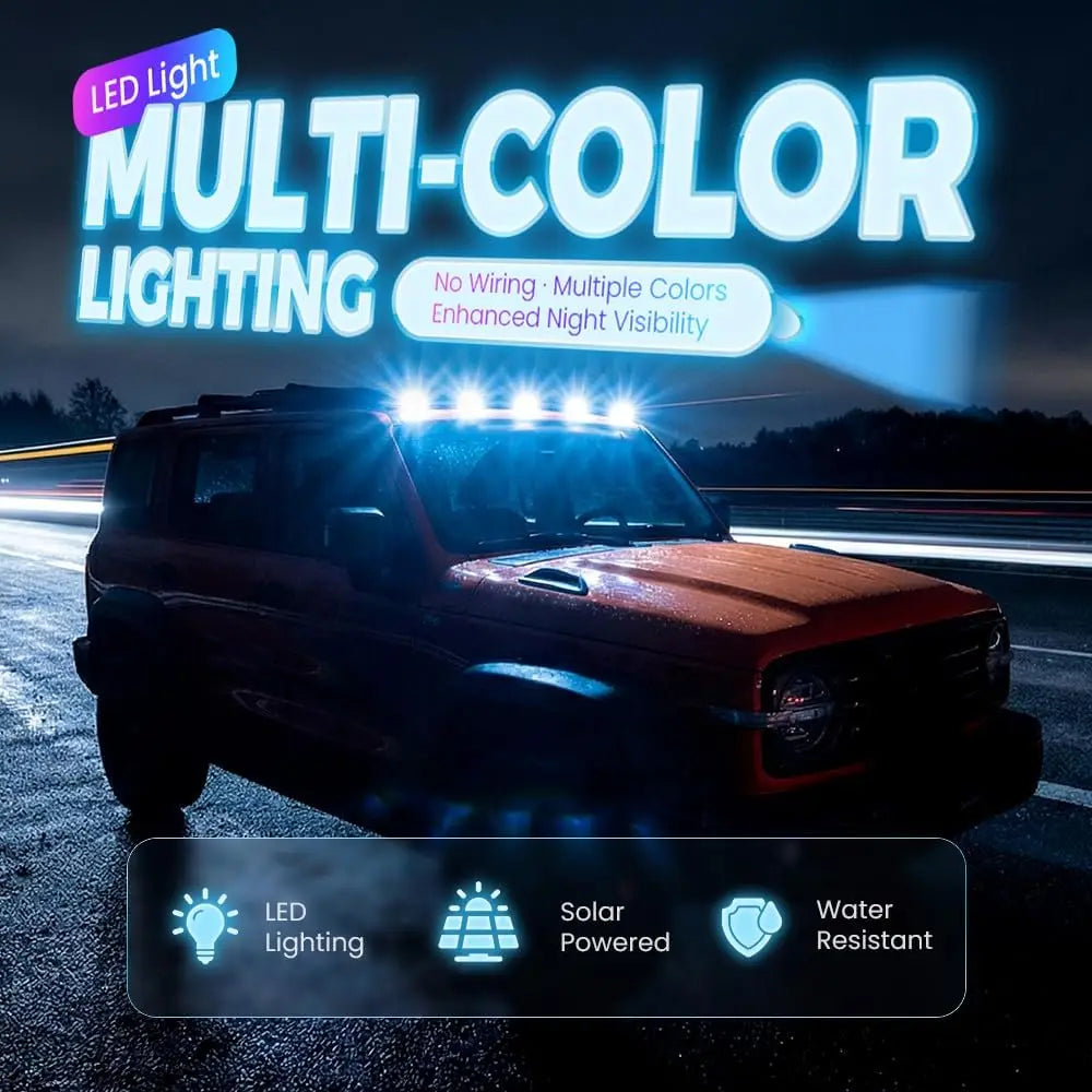 A red truck is shown with multi-color LED lighting installed on the roof, demonstrating night visibility.