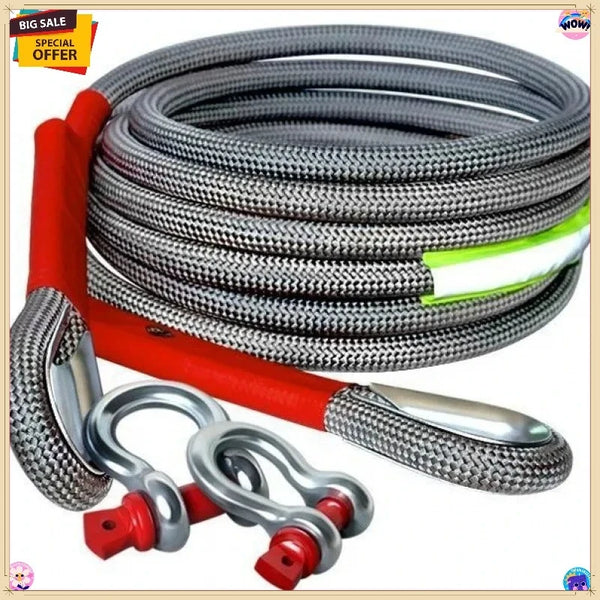 A coil of heavy duty towing rope with a red handle and silver hook, used for off-road recovery.