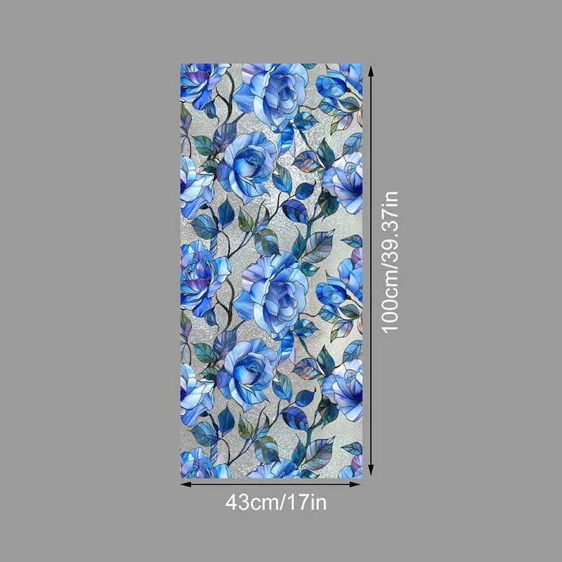 Decorative PVC stained glass window film featuring blue and teal floral patterns on a light background