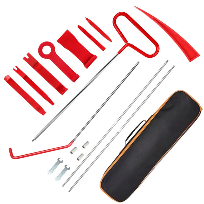 Rotes Reparatur- und Schließkit für schwere Autotüren mit Werkzeugen und schwarzer Tasche.