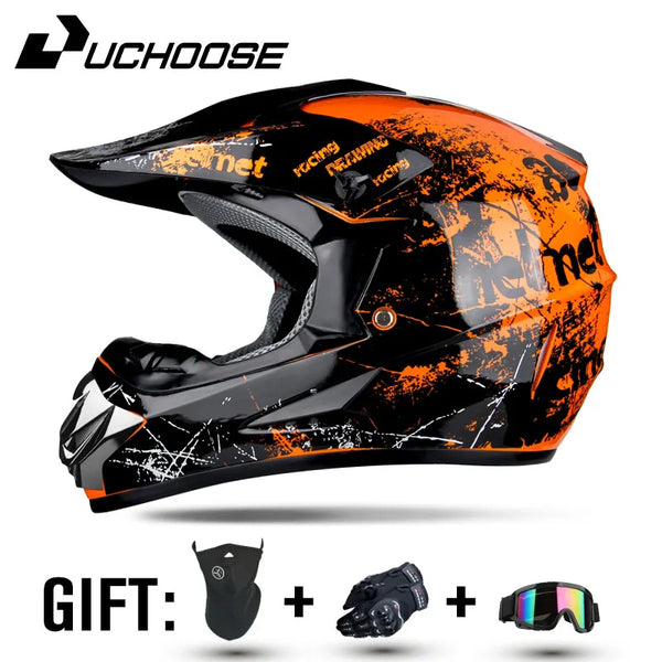 Orange and black full face off-road motorcycle helmet with a matte black visor and side vents.