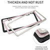 A clear crystal rhinestone license plate frame with a pink and silver border shown against a black background.