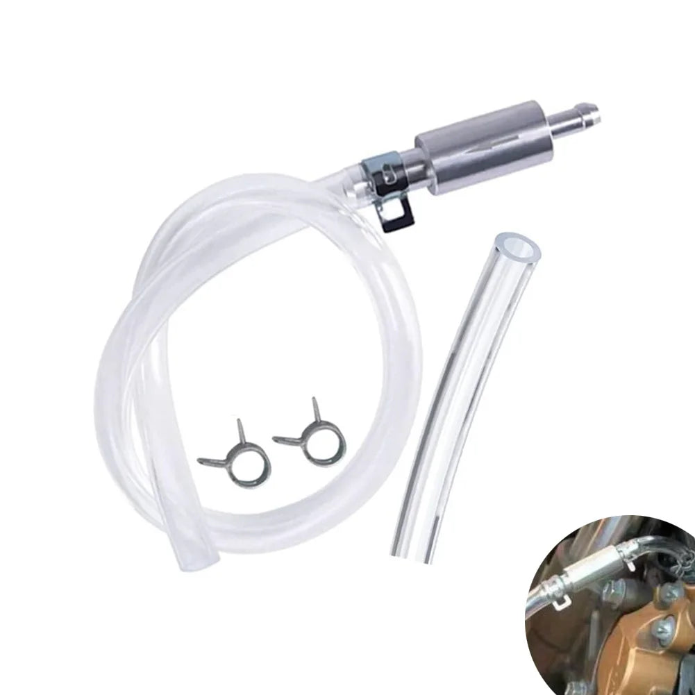 A clear silicone brake bleeder hose with a metal fitting and a separate tube is shown against a white background.