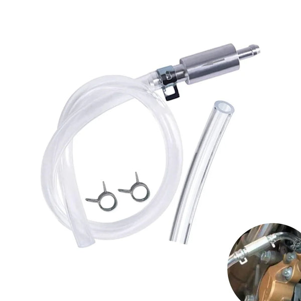 Manguera de purgado de freno de silicona transparente con conexión metálica y tubo separado.