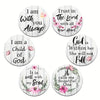 Six circular wooden coasters with inspirational phrases like I am with you Always and Trust in the Lord with all your heart