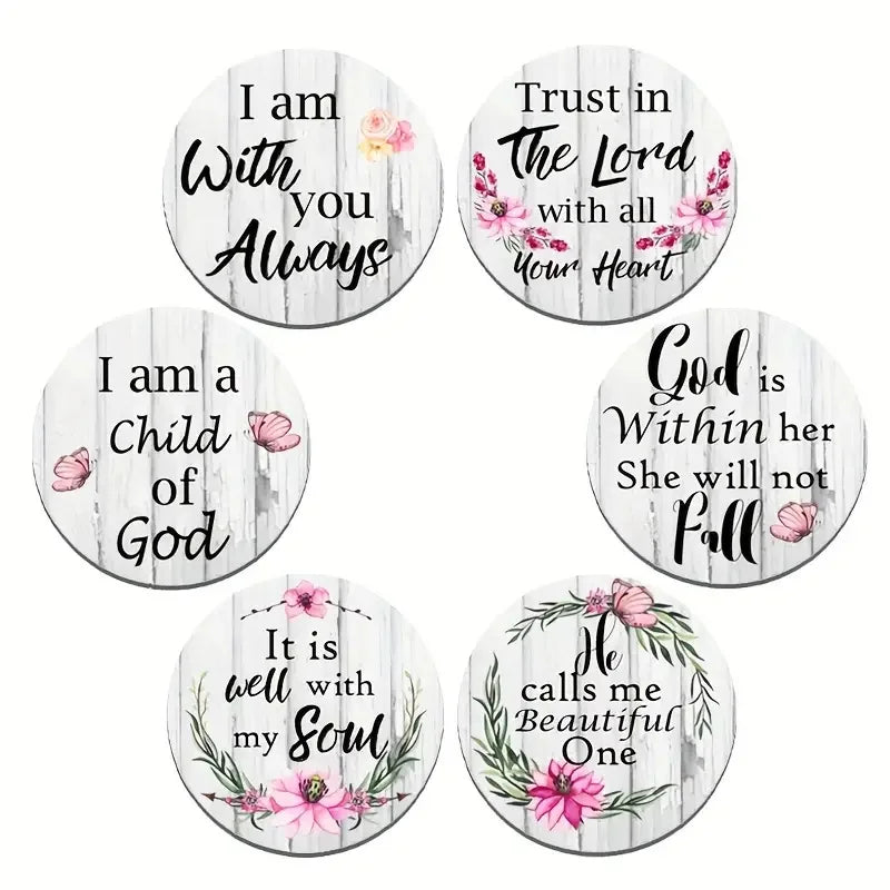 Six circular wooden coasters with inspirational phrases like I am with you Always and Trust in the Lord with all your heart
