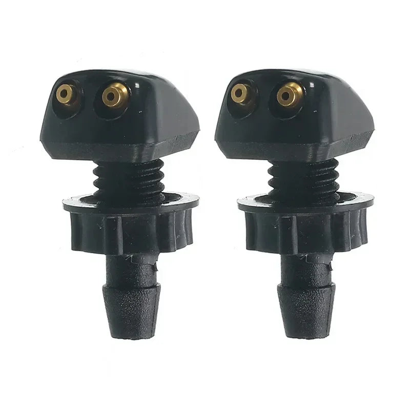 A pair of black universal car windshield washer nozzles with threaded tips and visible rubber seals.