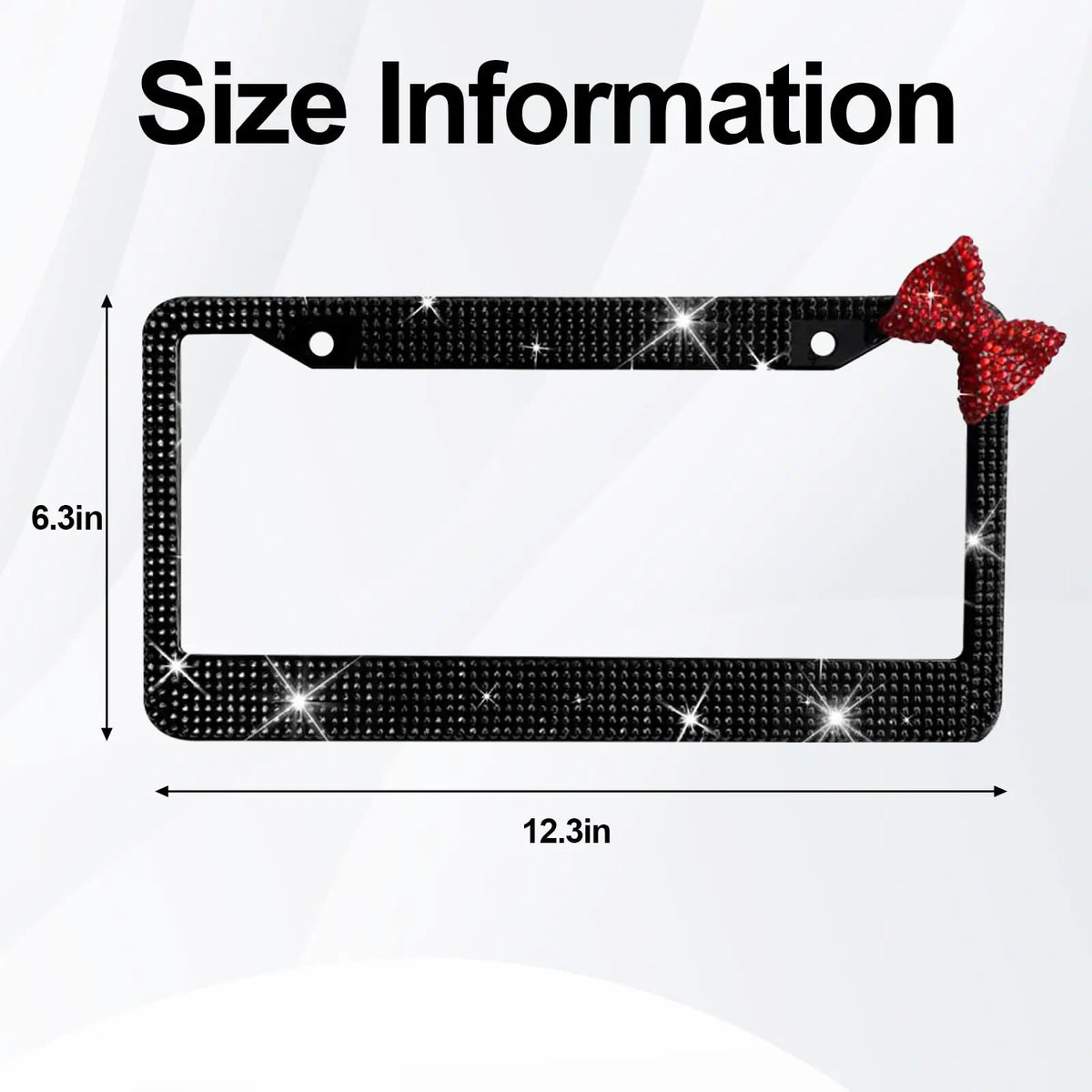 Black license plate frame with a rectangular design and a red sequin bow accent.