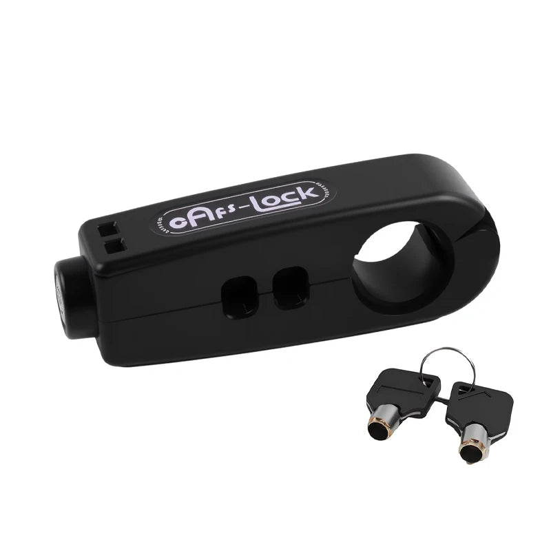 A black universal motorcycle handlebar security lock with a key cylinder visible.