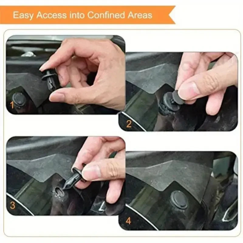 Hands are shown inserting or removing an 8mm plastic rivet fastener into a confined area of a black automotive part.