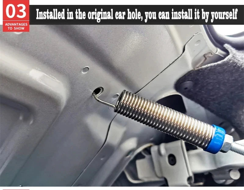 A close-up view of an automatic car trunk lid lifter spring being installed in the original ear hole of a car door.