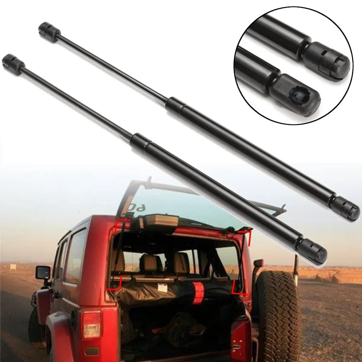 Soporte de barra de acero negro junto a un Jeep rojo, mostrando su uso para modificación de vehículos.