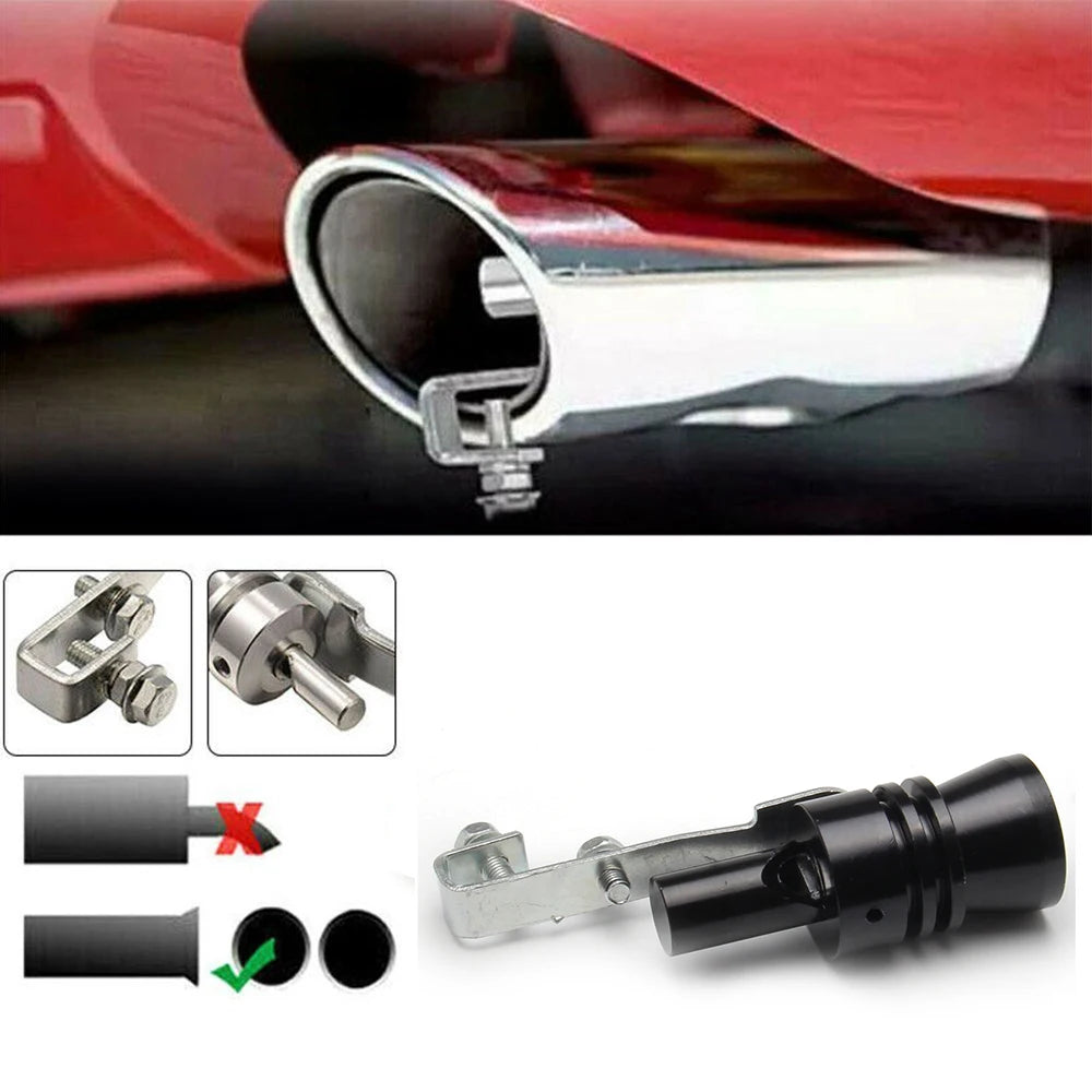 A universal car turbo sound whistle for exhaust featuring metal components and a black housing.