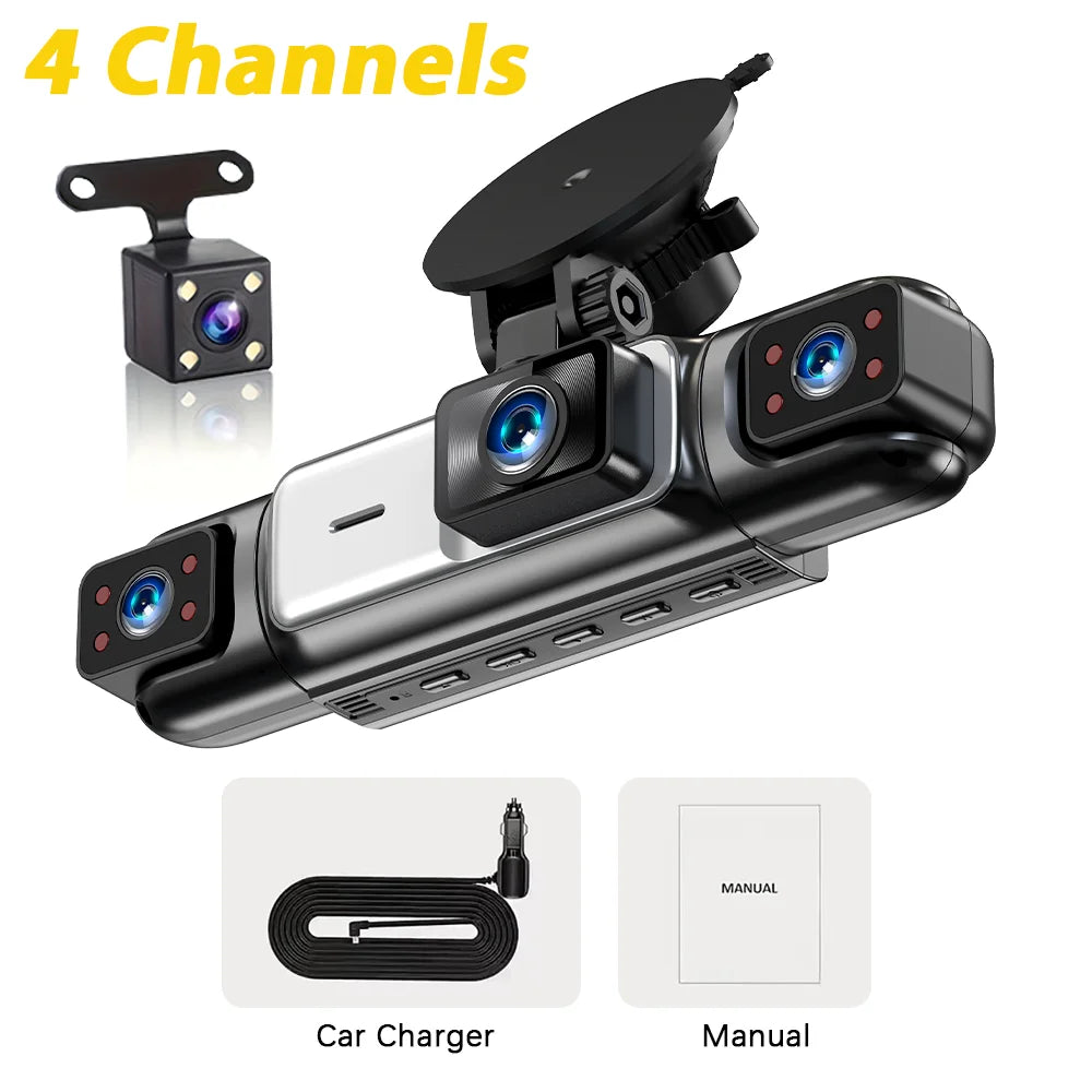 A black 4-channel dash cam is shown with its camera unit, car charger cable, and manual.