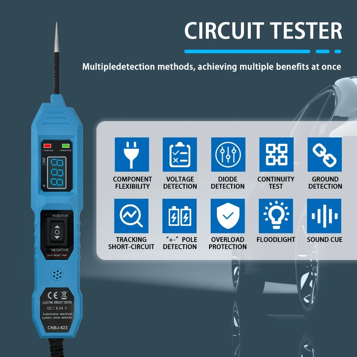 Un appareil de test de circuits bleu avec plusieurs fonctionnalités de détection, présenté sur un fond sombre.
