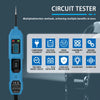 Un appareil de test de circuits bleu avec plusieurs fonctions de détection, présenté sur un fond sombre.